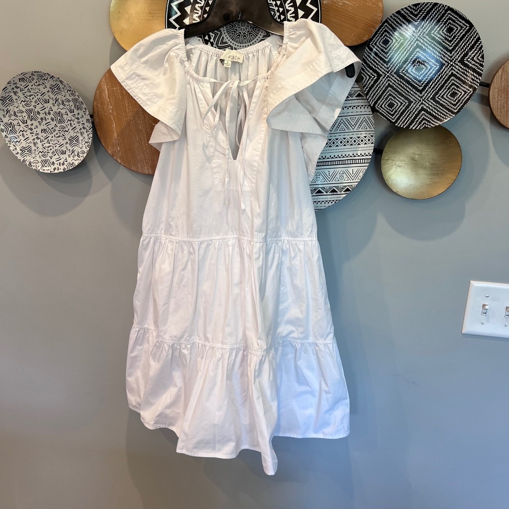 Pinch Women White Tiered Cotton Flutter Sleeve Babydoll Dress 3640D Small